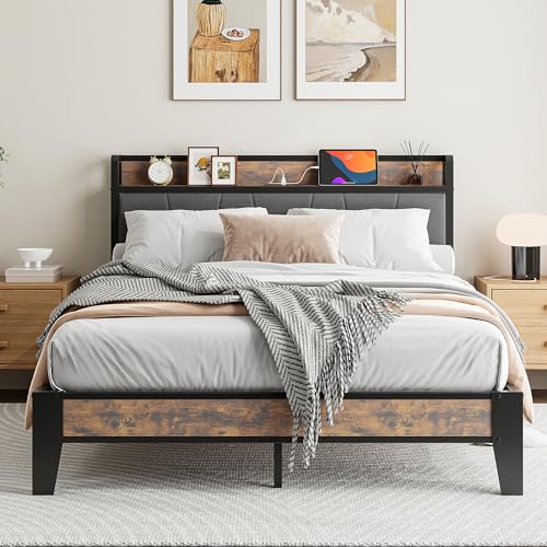 IRONCK Bett 140x200 mit Ladestation (2 AC-Steckdosen, USB-A, USB-C), Bettgestell mit Gepolstertem Kopfteil & Stauraum, Doppelbett für Schlafzimmer, Stabiles Metallbett in Retro Grau