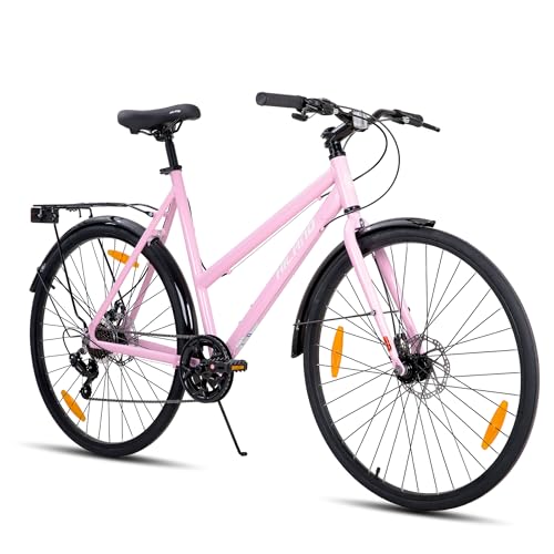 HILAND 28 Zoll Aluminium Rennrad, 7-Gang Schaltung Pendlerfahrrad mit Scheibenbremsen, 700C Komfortabler Stadt für Männer Frauen, Rosa