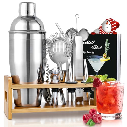 Cocktail Shaker Set, 750ml Edelstahl Shaker Set, 15 Teiliges Professionelles Cocktail Mix Set, Barkeeper Set mit Bambus Ständer, Rezeptbuch, Messbecher, Löffel, Geschenk Set für Bar, Zuhause