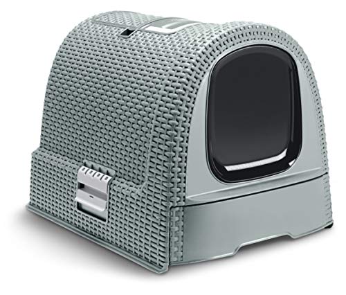Curver petlife Katzentoilette mit Deckel, Katzenklo inklusive Schaufel, moderne Rattangeflecht-Optik, grau-blau, 51,5 x 38,5 x 40 cm