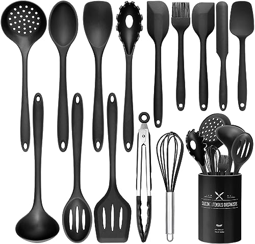 Wildone 15-teiliges Silikon Küchenutensilien-Set, Hitzebeständig, Spülmaschinenfest, Antihaftbeschichtet (Schwarz)