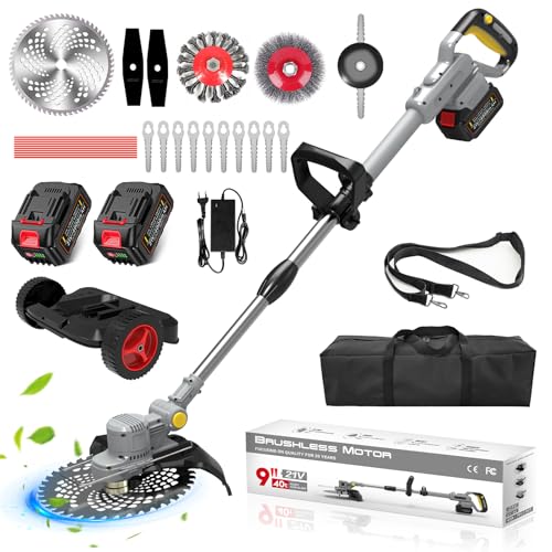 2025 Upgrade Akku Rasentrimmer, Freischneider Akku, freischneider mit unkrautbürste (Enthalten:750W Bürstenloser Motor,2X4.0Ah Akku,6 Klingentypen,Rucksack)