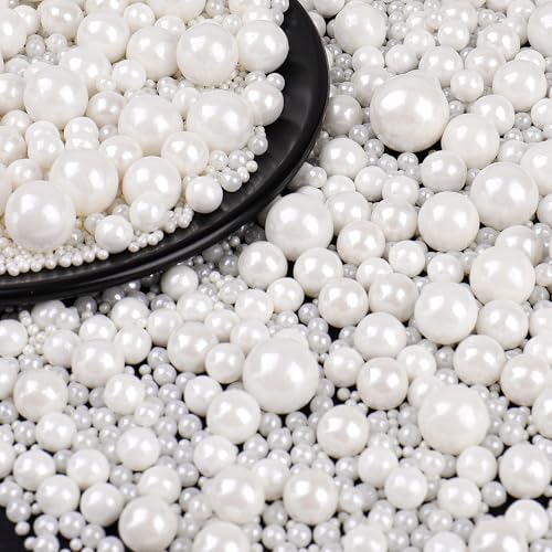Essbare Weiße Zuckerperlen-Streusel (130g) - Größenmix Weiße Perlen für Tortendeko, Cupcakes & Kekse - Ideal für Hochzeiten Party Halloween Weihnachten, Sprinkles for Cake Decorating