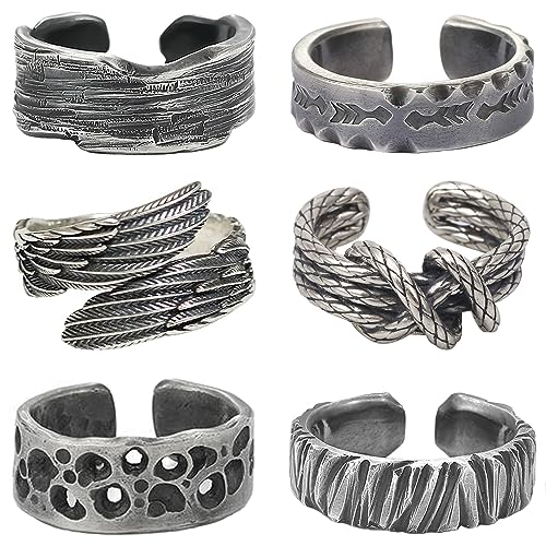 VELESAY 6Pcs Mens Vintage Open Rings for Men Angel Wings Adjustable Ring Verstellbar Männer Biker Ring Set