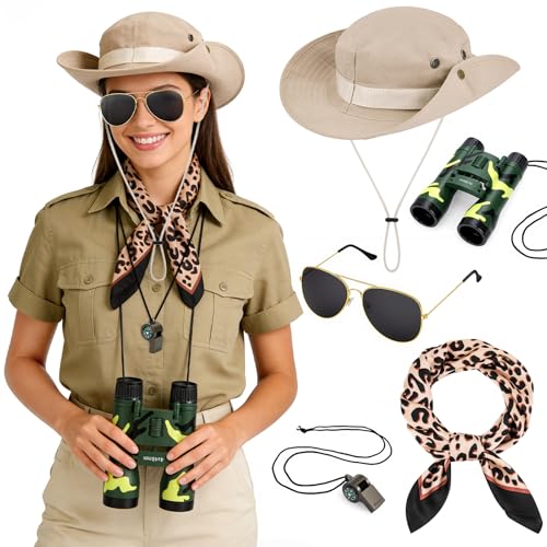 SelfTek Safari Kostüm Damen - 5 Stück Outdoor Accessoires mit UV Schutz Sonnenhut Damen Faltbar, Fernglas, Taschentuch, Sonnenbrille, Pfeife, Safarihut für Wanderhut Tropenhut Outdoor Party Karneval