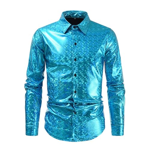 Männer Hemd Helles Gesicht Button Up Shirt Cosplay Kleidung Revers T(Blau,L)