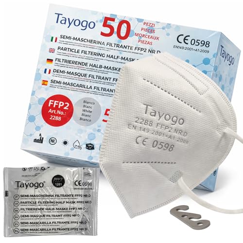 Tayogo FFP2 Masken Weiß 50 Stück CE 0598, FFP2 Maske 5-lagig, Atemschutzmaske mit bis zu 99,5% Filterleistung, hautfreundlich, geruchslos einzeln verpackt + Ohrenschoner