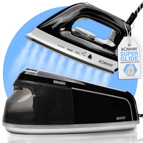 Bomann® Dampfbügelstation mit Dampf Bügeleisen | 3,5 bar | Dampfbügeleisen mit Superglide-Sohle & 1,2L Wassertank | 80 min. Betriebsdauer | 2400W | Bügeleisen Dampf m. Anti-Tropf-System | DBS 6034 CB