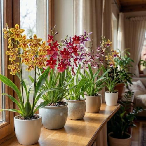 Orchideen Echte Pflanzen Cambria - 5 große Zimmerpflanzen aus Holland - 30-40 cm hoch mit Blüten - 3 Farben - Leicht Duftend (keine Samen, nicht künstlich, ohne Dünger und mit Topf)