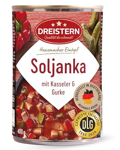 DREISTERN Soljanka 400g I Mit Kasseler & Gurke I Herzhafter Eintopf in recyclebarer Konservendose I Lange Haltbarkeit dank natürlicher Konservierung I Hausmacher Qualität