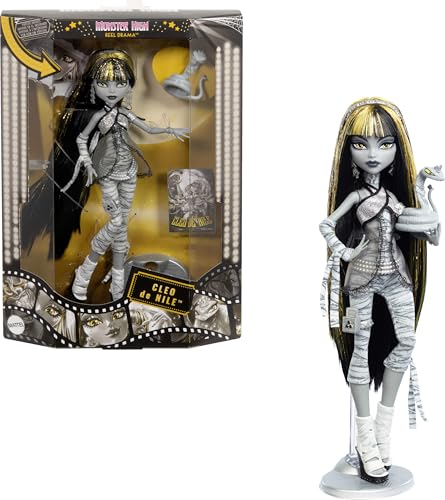 Monster High Reel Drama Puppe, Cleo De Nile Schwarz-weiß-Reproduktion, Sammelfigur mit Postern in Puppengröße und Lebensgröße, Horrorfilm-Design, mit Haustier, JDR65