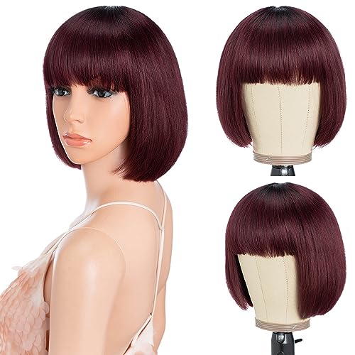 Style Icon Bob Echthaar-Perücken mit Pony für Frauen 8 Zoll Ombre Rot keine Spitze vorne Klebefreie Perücken Maschine gemacht Perücke 150% Dichte (TT1B/99J)