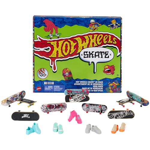 Hot Wheels Skate-Fingerboards 10er-Pack, Set aus 10 Finger-Skateboards mit 5 Paar abnehmbaren Skateboard-Schuhen im Hot Wheels Design, HTP59