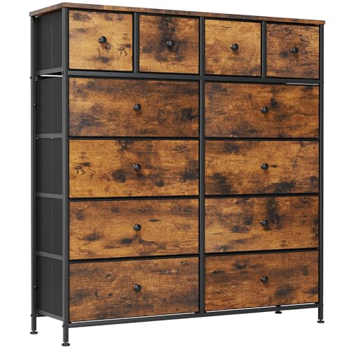 Clevich Stoff-Kommode, Schminktisch Schrank, Aufbewahrungsschrank, 12 Schubladen aus Stoff, Metallrahmen, industrieller Stil, für Wohnzimmer, Flur, Schlafzimmer (Retro braun+schwarz)