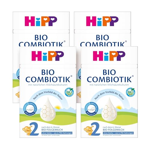 HiPP 2 Bio Combiotik (4 x 600g), Folgemilch nach dem 6. Monat, OHNE STÄRKE, mit natürlichen Milchsäurekulturen, Vitamine C und D, GOS, Omega-3 (DHA, ALA), ideal angepasst an das Beikostalter