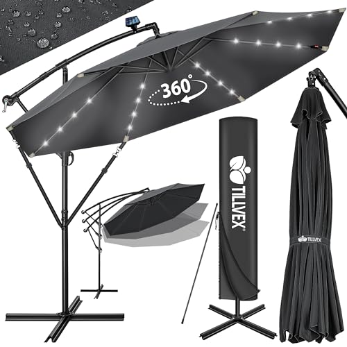 tillvex Alu Ampelschirm LED Solar Ø 300 cm mit Kurbel + Abdeckung | Sonnenschirm mit An-/Ausschalter & Windschutz | Gartenschirm UV-Schutz Aluminium | Kurbelschirm mit Ständer Marktschirm wasserdicht