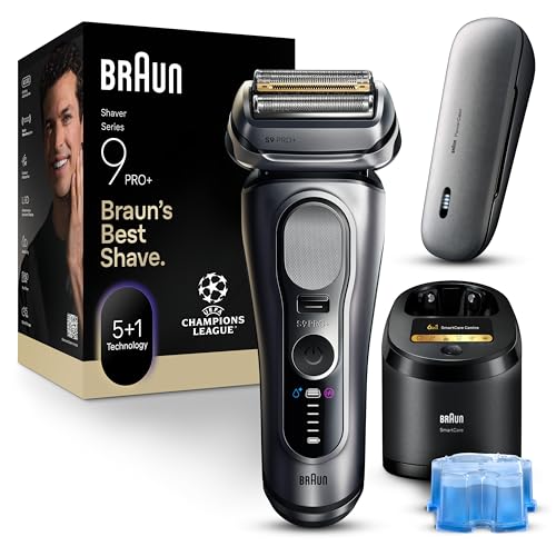 Braun Series 9 PRO+ Rasierer Herren Elektrisch, 5+1 Ultradünne Klingen, Rasierapparat mit 60 Min. Akku, Ladeetui, 6in1 SmartCare Center, Wet & Dry Elektrorasierer Made in Germany, 9677cce, Silber