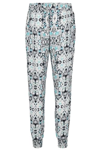 Easy Young Fashion Damen Sommerhose - Florale Freizeithose mit elastischem Bund - Lange Boho Hose - Strandhose Stoffhose aus Baumwolle 777 - (Türkis-Schwarz)