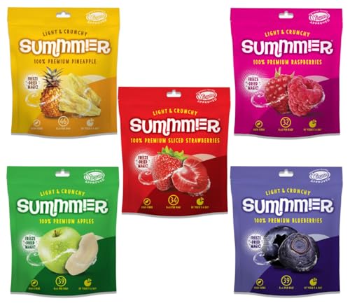 Summmer Gefriergetrocknete Beerenmix - 5er Pack - Erdbeeren, Himbeeren, Ananas, Blaubeeren & Äpfel - Ohne Zucker, 100% Natürlich, Leckerer Fruchtsnack für Kinder & Erwachsene (57g)