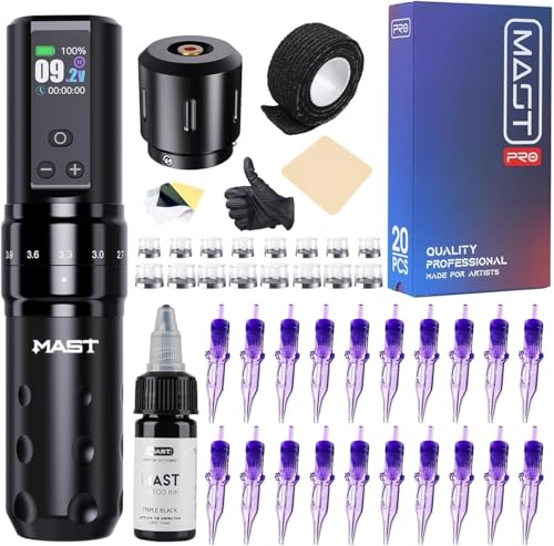 Mast Fold2 Pro Tattoo Maschine Set Kabelloses Tätowiermaschine mit Rotations,7 Hublängen, 2000mAh-Akku und Profi Tattoo Nadeln