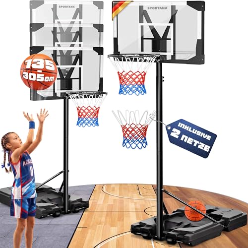 SPORTANA® Basketballkorb Outdoor höhenverstellbar 135-305 cm stabil wetterfest mit Ständer 60 kg Sockel Rollen stoßdämpfender Ring Ø45 cm Hoop Kinder Erwachsene
