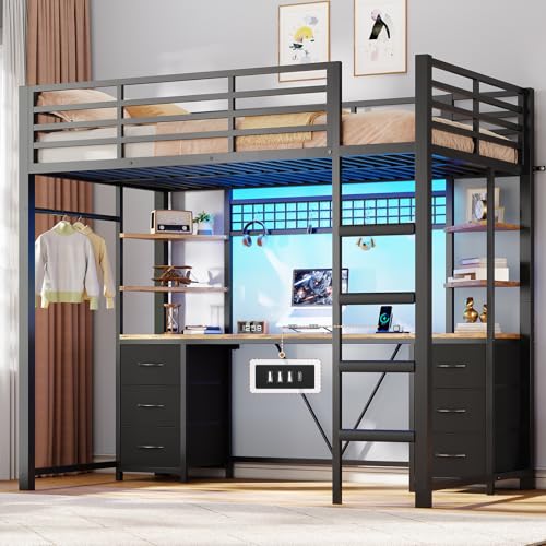 AOGLLATI Hochbett 90x200 mit Schreibtisch 35.5x200cm,Jugendbett Etagenbett mit Ladefunktion, 6 große Schubladen & 4 Ablagen,Bunk Bed mit Rausfallschutz und Leiter aus Metall, Schwarz