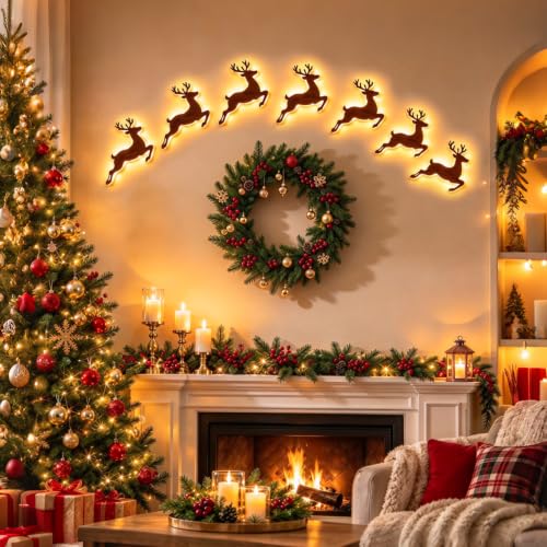 Weihnachtsdeko LED Rentier Wanddeko, 7er 3D Rentier Weihnachtsbeleuchtung Innen Wand Deko, Selbstklebende Holz Rentiere Wanddekoration Beleuchtet für Weihnachtsdeko Innen Zimmer Flur Kaminbereich