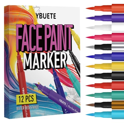 YBUETE 12 Colors Face Body Painting Markers, Water Resistance Tattoo Pen, Long-lasting and Smudge-proof Temporary Tattoo Markers for Mardi Gras Parties, SFX & Festivals