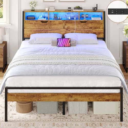 Brinlawb Bett 140x200 mit Lattenrost aus Metall Doppelbett mit LED Beleuchtung und Steckdose, Bettgestell 140x200 cm mit Holzkopfteil, 2 Schränke mit Türen, Jugendbett Bettrahmen mit Stauraum, Braun