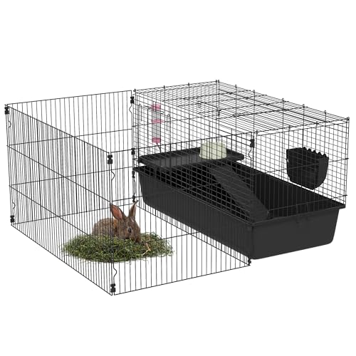 PawHut Kleintierkäfig, Nagerkäfig mit Auslaufbereich, Rampe, Kaninchenkäfig mit Wasserflasche, Futterschale, Futtertrog, Meerschweinchenkäfig für Kleintiere, Stahl, Schwarz