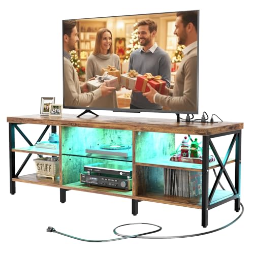 iSunirm TV Schrank 140 cm | LED Fernsehschrank für Fernseher bis 75 Zoll | Modernes TV-Board mit Ladestation & RGB | Stabiler Fernsehtisch Industrial Design | Lowboard stehend für Wohnzimmer