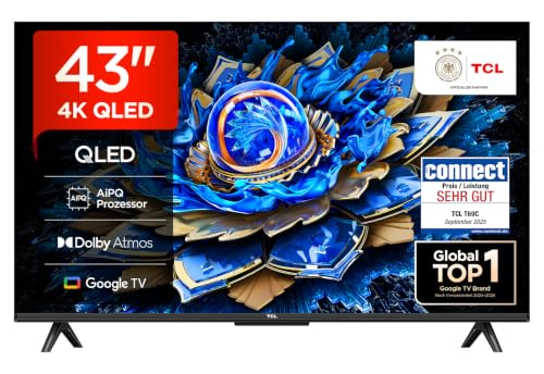 TCL 43T69C 43 Zoll QLED, Direct LED TV, 4K HDR TV, Smart Google TV (Dolby Vision & Atmos, Game Master, Motion Clarity, Kompatibel mit Google Assistant & Alexa)