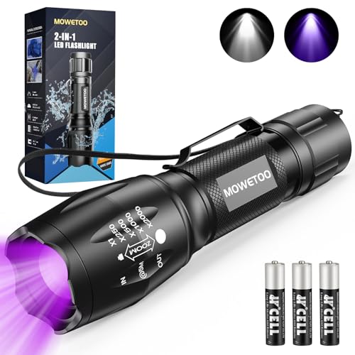 MOWETOO Taschenlampe, UV Lampe 2 in 1 Schwarzlichtlampe, 395nm Ultraviolette 4 Modi, Detektor für Unechte Banknoten, Urin von Hunde und Andere Haustiere Urin-Detektor, Inklusive 3 AAA Batterien 40W
