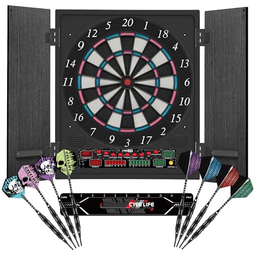 CyeeLife Elektronische Dartscheibe mit Holzschrank,Dartautomat elektronisch,Dartscheibe mit 34 Spielen und 355 Varianten, 8-Spieler-Modus, LED-Display,Deutsche Stimme (Schwarz-2, Standard)