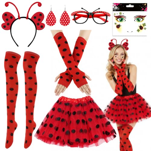 Marienkäfer Kostüm Damen, 7 Teiliges Erwachsene Ladybug Kostüm mit Marienkäfer Haarband Tüllrock Socken Handschuhe Gesichtssticker Ohrringe Bienenbrille, Lady Bug Kostüm zum Thema Tiere für Halloween