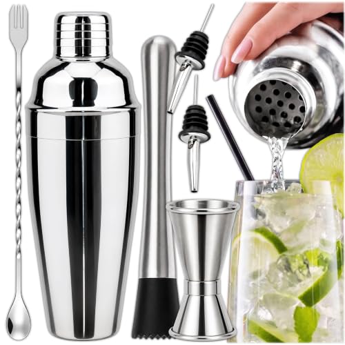KRUMAD Cocktail Shaker Set 6 Teiliges, Edelstahl Shaker 750 ml mit Messbecher, Cocktail Set für Drinks, Barkeeper Set, Barset Mix Zubehör, Geschenk, Home Bar, Für Martini, Margarita