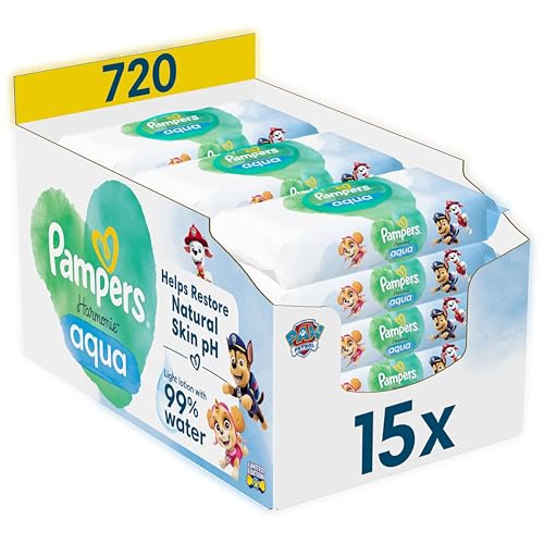 Pampers Harmonie Aqua Baby-Feuchttücher Paw Patrol, 15 Packungen mit 48 Feuchttüchern, 720 Baby-Feuchttücher helfen, den natürlichen pH-Wert der Haut wiederherzustellen, leichte Lotion mit 99% Wasser