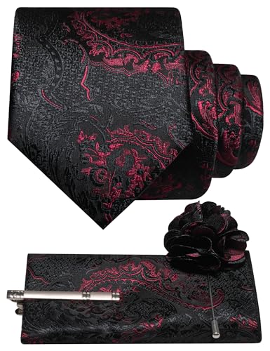 JEMYGINS Schwarz Basierte Krawatte Set Herren Einstecktuch Krawattenklammer Ansteckblume mit Barock Muster für Hochzeit Business Party Mehrfarbig Ziegelrot