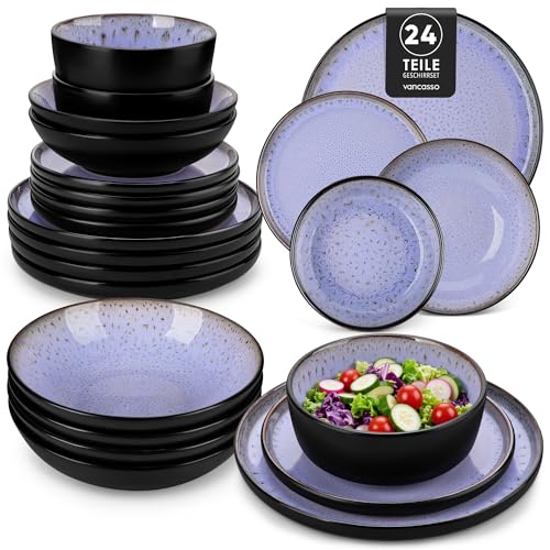 Steingut Geschirrset 6 Personen, vancasso AMBER Teller Set 6 Personen, Tafelservice 24tlg mit Speiseteller, Dessertteller, Suppenteller, Schüssel, Reaktive Glasur, Abendviolett, Spülmaschinenfest