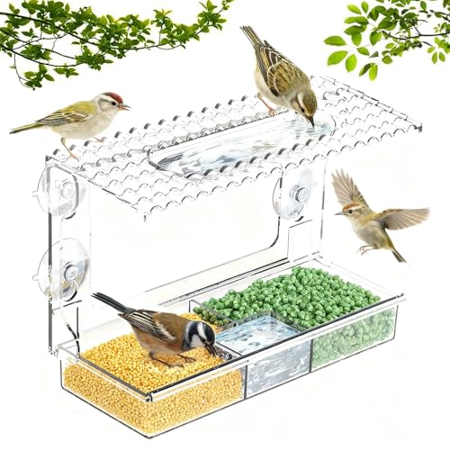 Vogelfutterhaus Fenster Saugnäpfe,Vogelfutterspender Fenster 24x16x11cm,Vogelhaus Fensterbrett mit Abnehmbar Futterspender,Transparente Fenster Vogelfutter,Durchsichtiges Vogelhaus Fenster,Futterhaus