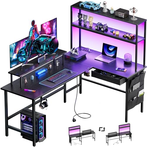 HLONONE Gaming Tisch, Eckschreibtisch 150 x 100cm mit 3 Steckdosen & 2 USB, Reversibel Gaming Schreibtisch L Form mit LED, Computertisch mit Schubladen & Monitorständer für Gaming, Homeoffice, Schwarz