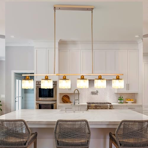 Ganeed Kücheninsel Beleuchtung Esszimmer Leuchte Verstellbar Modern Decke Pendelleuchten Linear Kronleuchter über Tisch mit K9 Kristall Schirm Gold 6 Licht