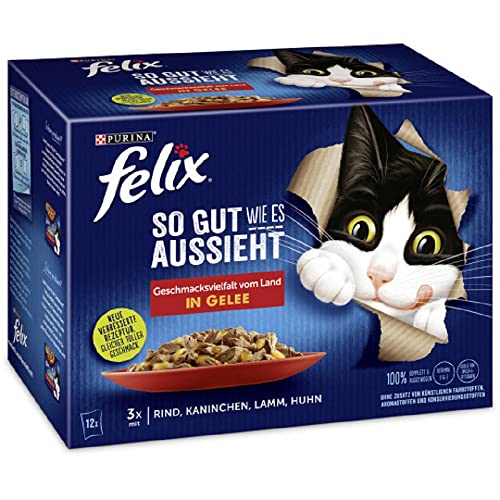 PURINA FELIX So gut wie es aussieht in Gelee Geschmacksvielfalt vom Land Katzennassfutter 12x85g Portionsbeutel