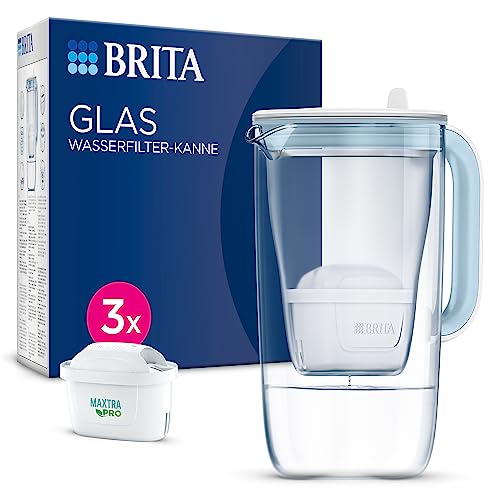 BRITA Glaswasserfilter, Premium-Kanne, hellblau (2,5 l), inkl. 3 x MAXTRA PRO All-in-One-Kartusche, robust und leicht/reduziert Kalk, Chlor, Metalle wie Blei und Kupfer (Verpackung kann variieren)