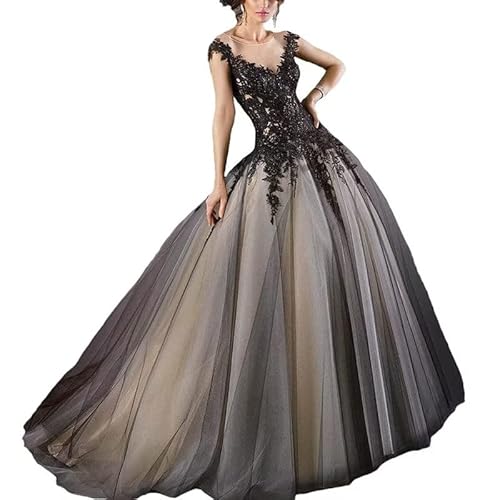JAEDEN Schwarze Brautkleider Tüll Hochzeitskleider Spitzenapplikation Ballkleider Gothic Vampir-Brautkleid Schwarz 56