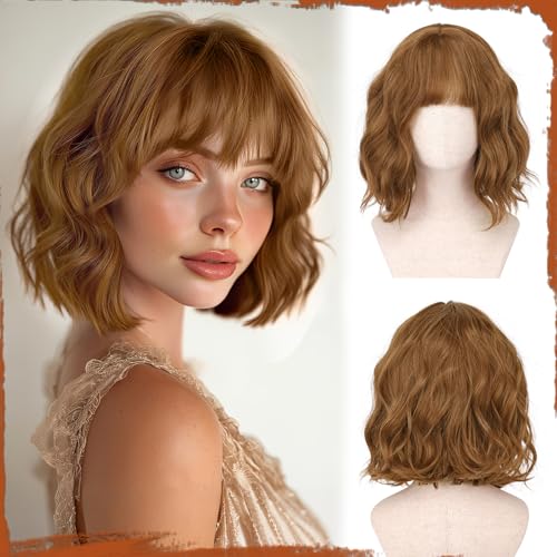 Sofeiyan Kurze Gewellte Bob Perücke mit Pony Damen 30 cm Auburn Synthetische Perücke für Frauen Natürliche Lockige Perücke für Cosplay Alltag Party Halloween