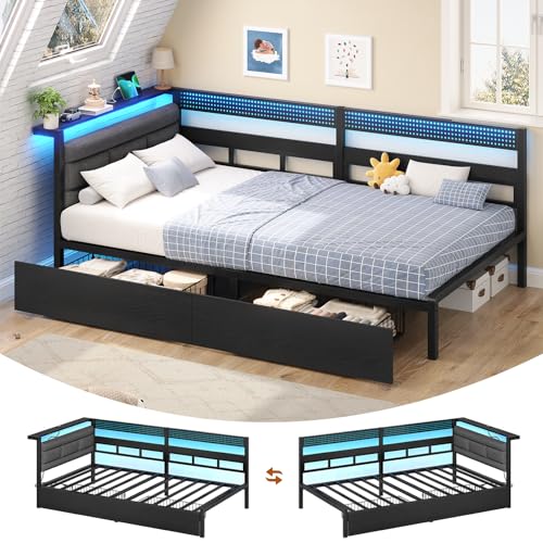 KIMENICH Polsterbett Schlafsofa 90x200 mit LED-Beleuchtung, Ladestation, Tagesbett, Jugendbett mit 2 Schubladen und Lattenrost aus Metall, Gepolstertes Kopfteil mit Offener Ablage, Schwarz
