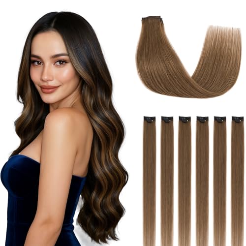 SEGOHAIR Clip in Extensions Echthaar, 6 Stücke Single Clip Highlights Hair Extension Glatt Haarverlängerung Natürlich für Frauen Damen Mittelbraun#04,25cm 31g