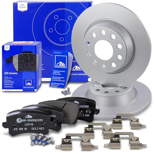 ATE Bremsenset Hinterachse inkl. Bremsscheiben hinten Ø 282 mm voll und Ceramic Bremsbeläge hinten Kompatibel mit AUDI Q3 (8UB, 8UG), SEAT ALHAMBRA, VW CC B7, PASSAT B7 + B8, SHARAN, TIGUAN