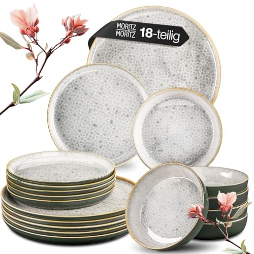 Moritz & Moritz TERRA 18-tlg Geschirrset 6 Personen - Teller Set in dezentem Grau aus hochwertigem Porzellan - Geschirr Set 6 Personen aus je 6x Speiseteller, Dessertteller und Schalen